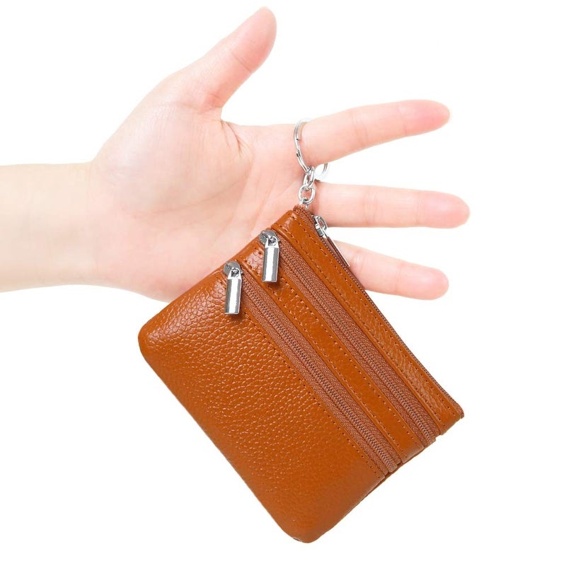 Cynure Women's Genuine Leather Coin Purse Mini Pouch Change Wallet with Keychain,brown - Image 2
